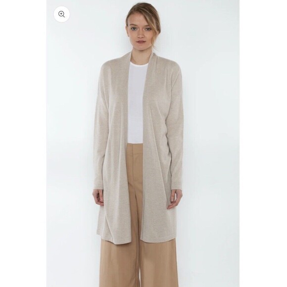 JENNIE LIU 100% Cashmere Belted Lux Wrap Cardigan Robe Sweater Oatmeal Large NWT